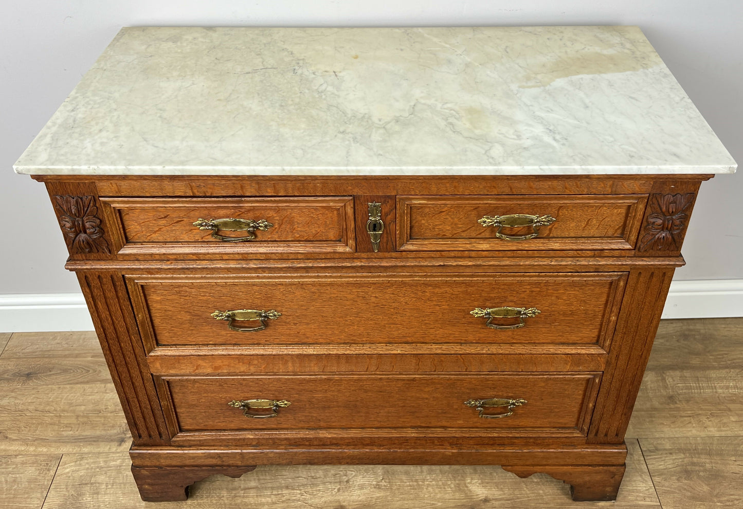 Chest of Drawers Antique French Oak Marble Top 4 Drawers Carved Cabinet LOT 6290