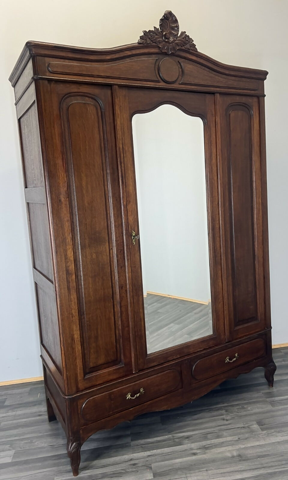 Wardrobe Antique French Style Oak Mirrored Door Carved Armoire LOT 4796