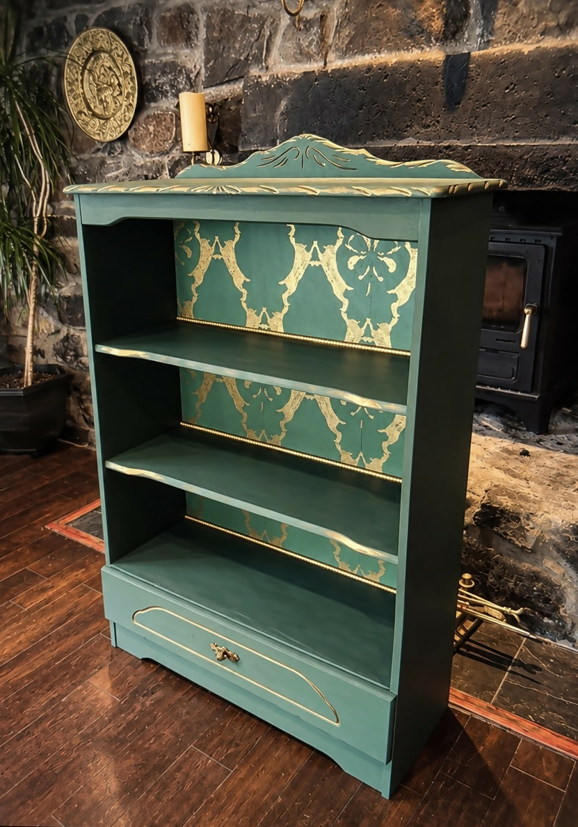 Upcycled Vintage Green & Gold Woodland 'Boxing Hares' Patterned Statement Bookcase