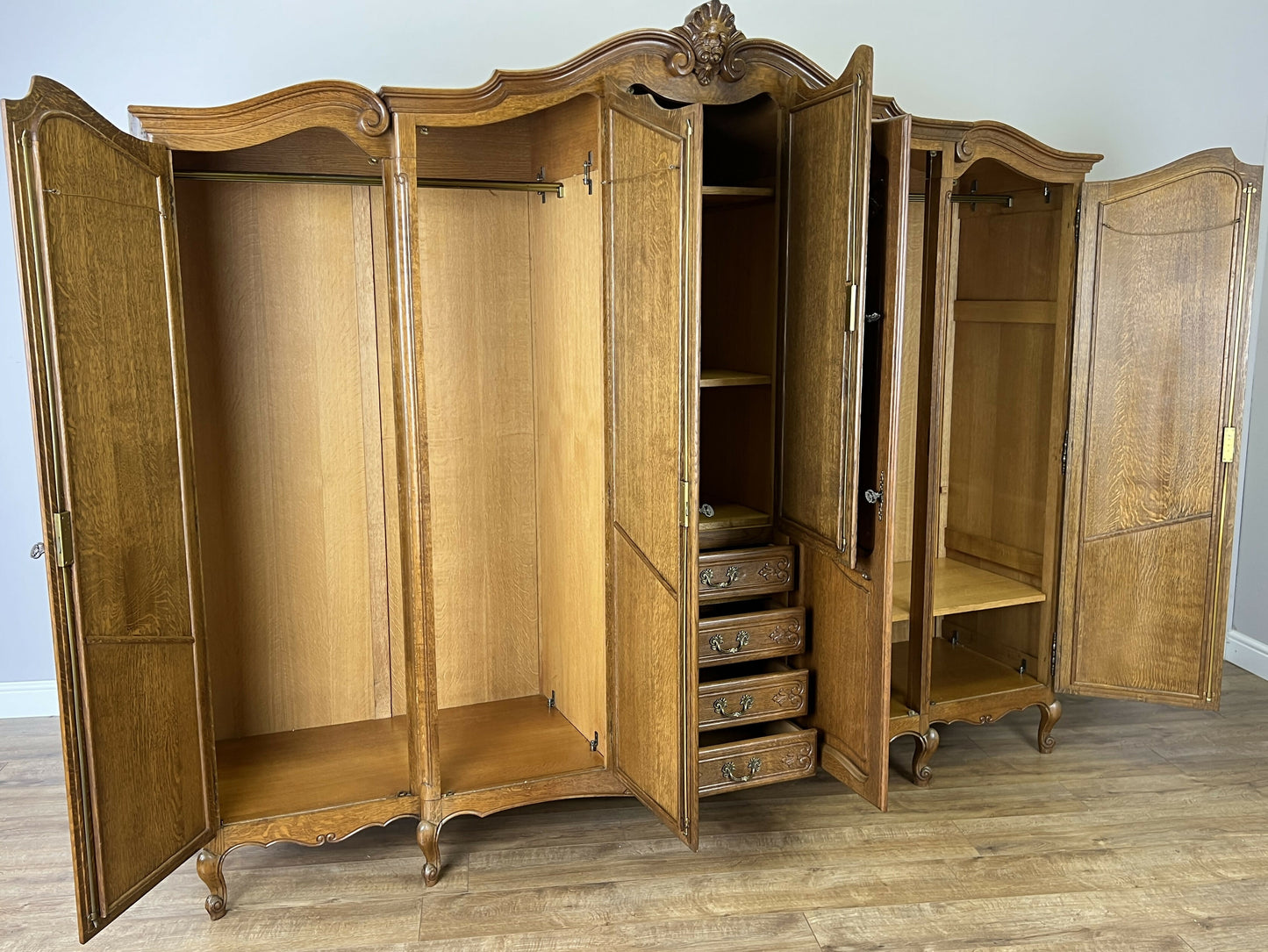 Wardrobe Vintage French Louis XVI Style Five Door Oak Carved Armoire LOT 6457