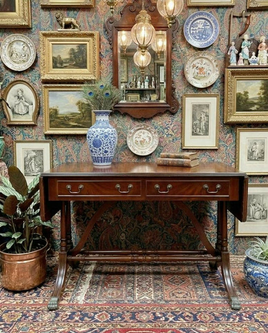 Regency Style Mahogany Sofa Table - Vintage Drop Leaf Console - Brass Claw Feet - Elegant Hallway Entryway Desk - Faux Drawer Detail
