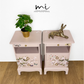 Dusky blush pink Stag Minstrel slim tea tray bedside tables with blossom and butterfly design. Nightstands pale pink