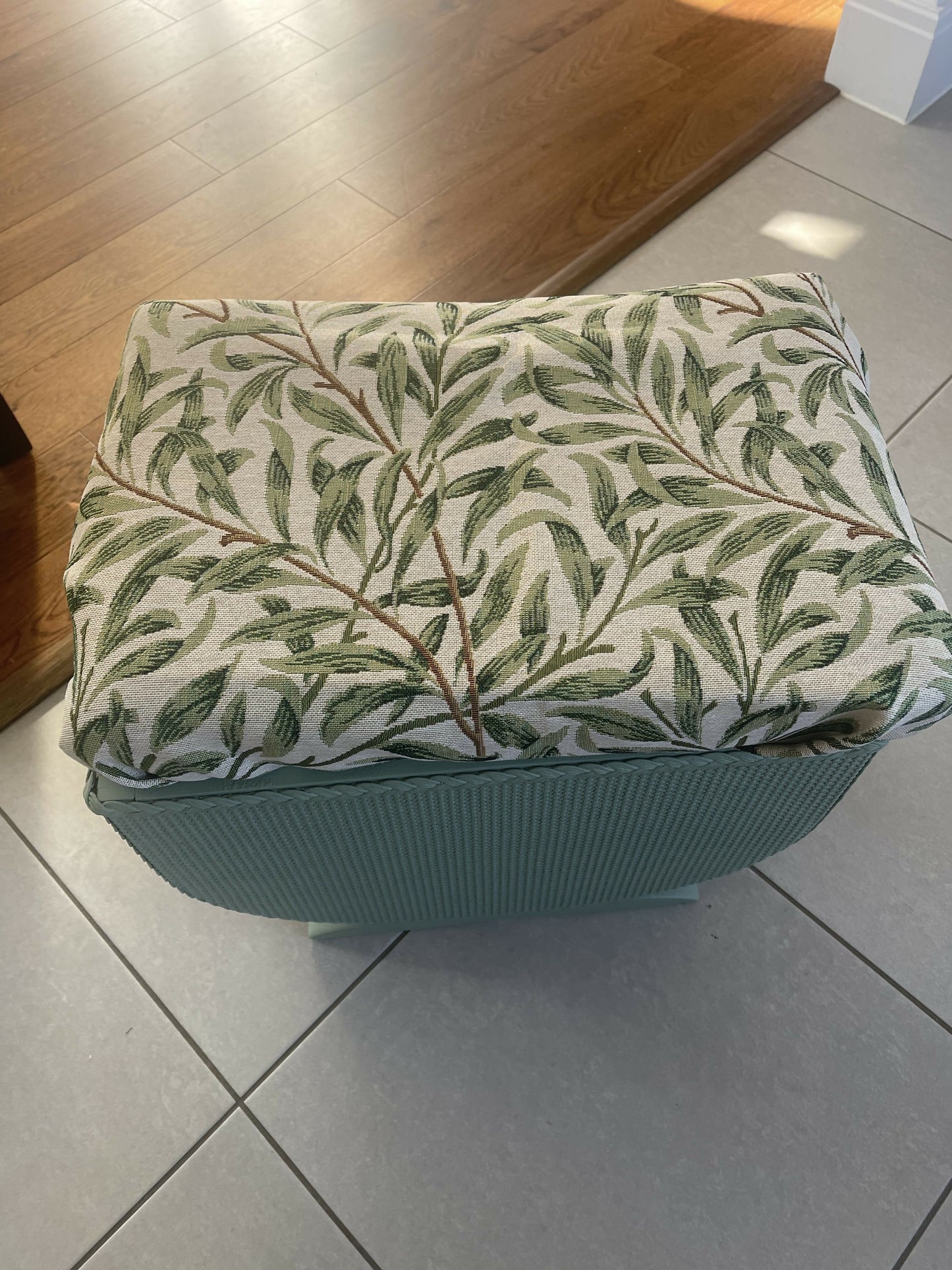 Small mid century Ottoman storage and seat. Sage green paint makes you choose the material.