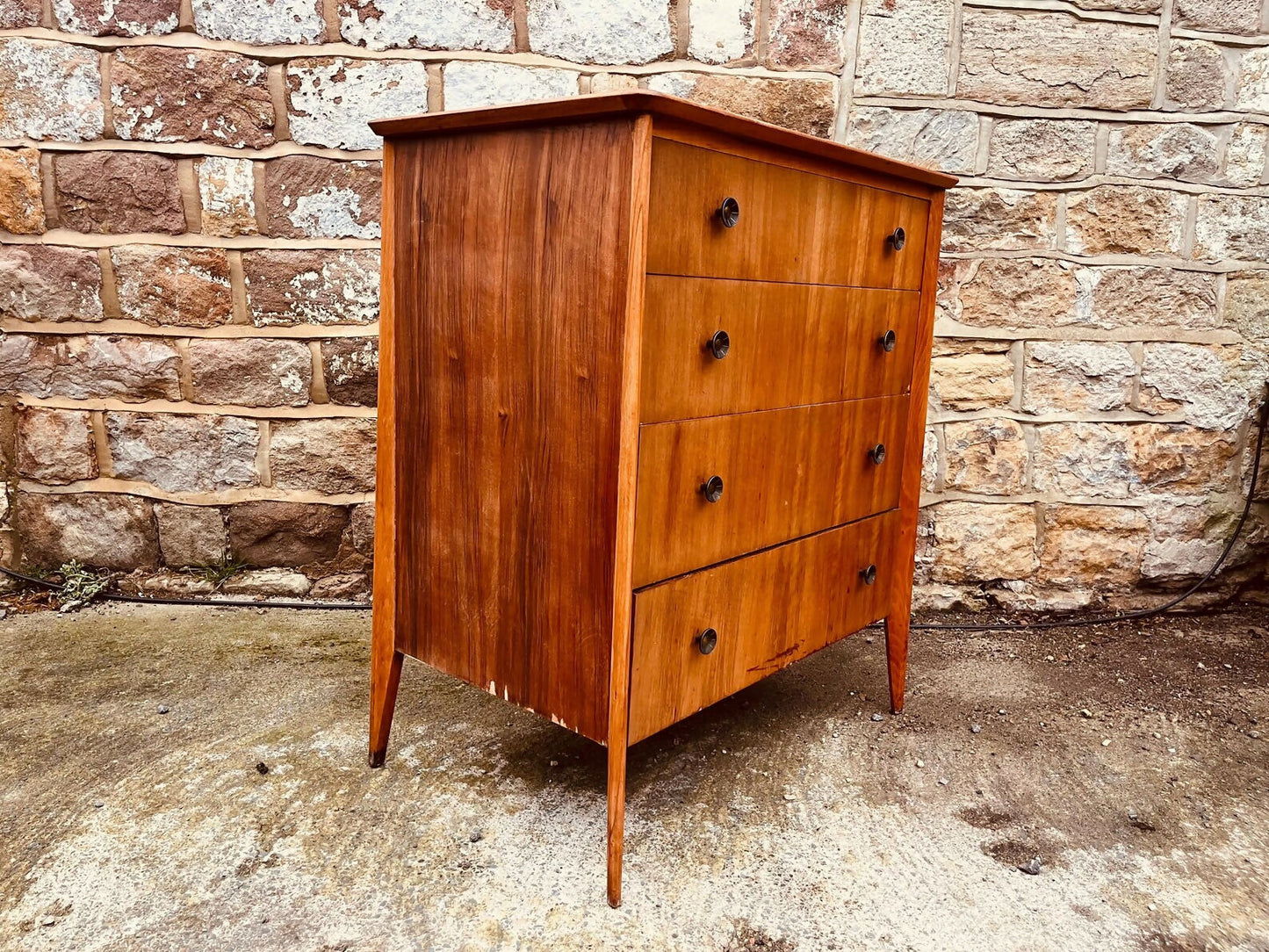 Mid-Century Teak Chest of Drawers – Vintage 4-Drawer Unit with Tapered Legs & Metal Pulls