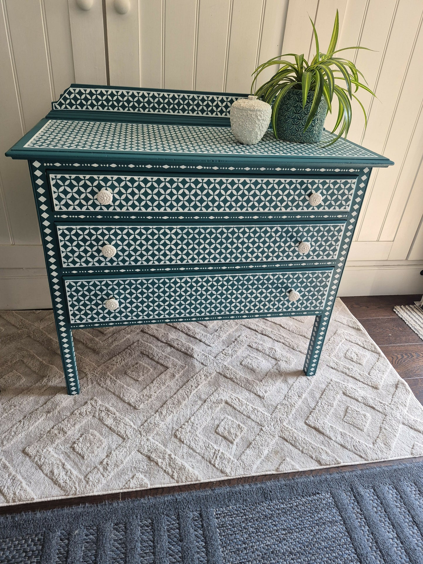 SOLD - Hand Painted Vintage Chest of Drawers: Hand-Stencilled Indian Inlay Inspired Furniture