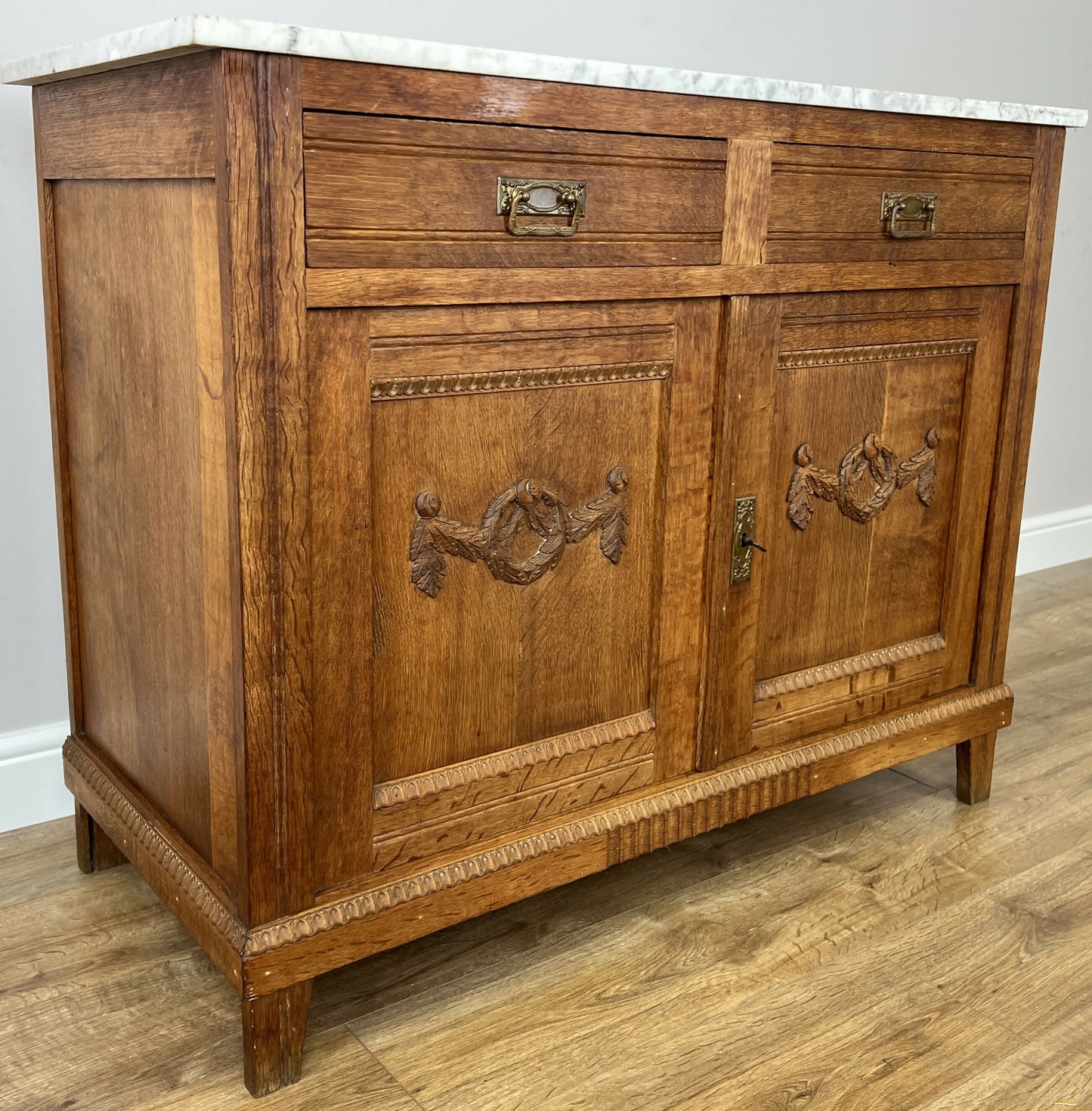 Cabinet Antique French Style Marble Top Oak Sideboard Carved Cupboard LOT 6284