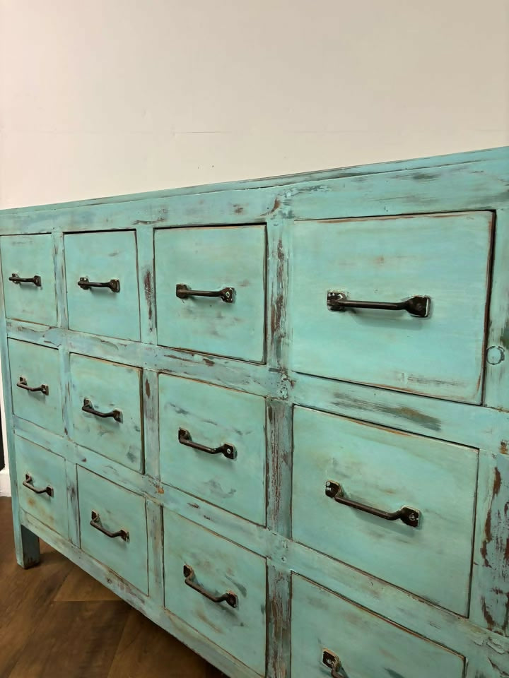 Vintage Indian Reclaimed Rustic Sideboard With 18 Drawers - In Duck Egg Blue