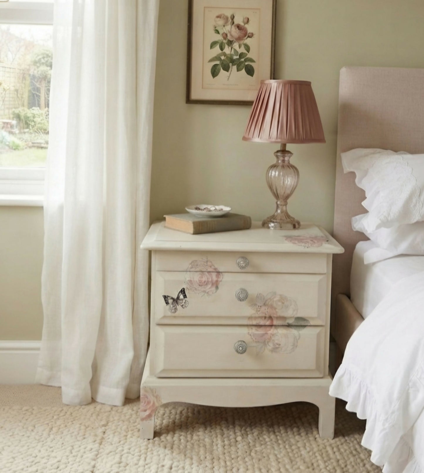 Stag Minstrel beside cabinet with 2 drawers & pullout tray painted in clotted cream