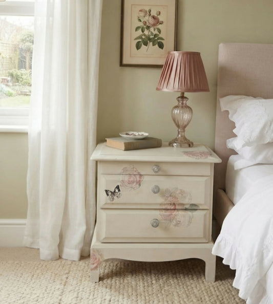 Stag Minstrel beside cabinet with 2 drawers & pullout tray painted in clotted cream