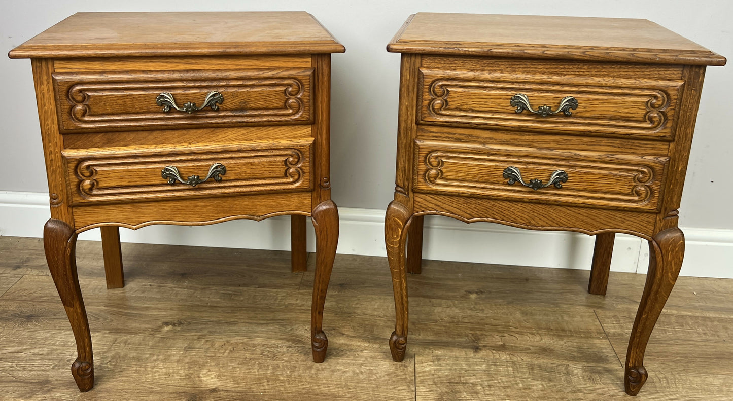 Pair of Bedside Tables Vintage French Louis Oak Nightstands Cabinets LOT 6350
