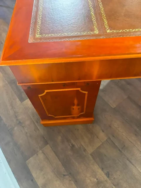 Reproduction Yew Wood Pedestal Desk with Brown Leather Inset