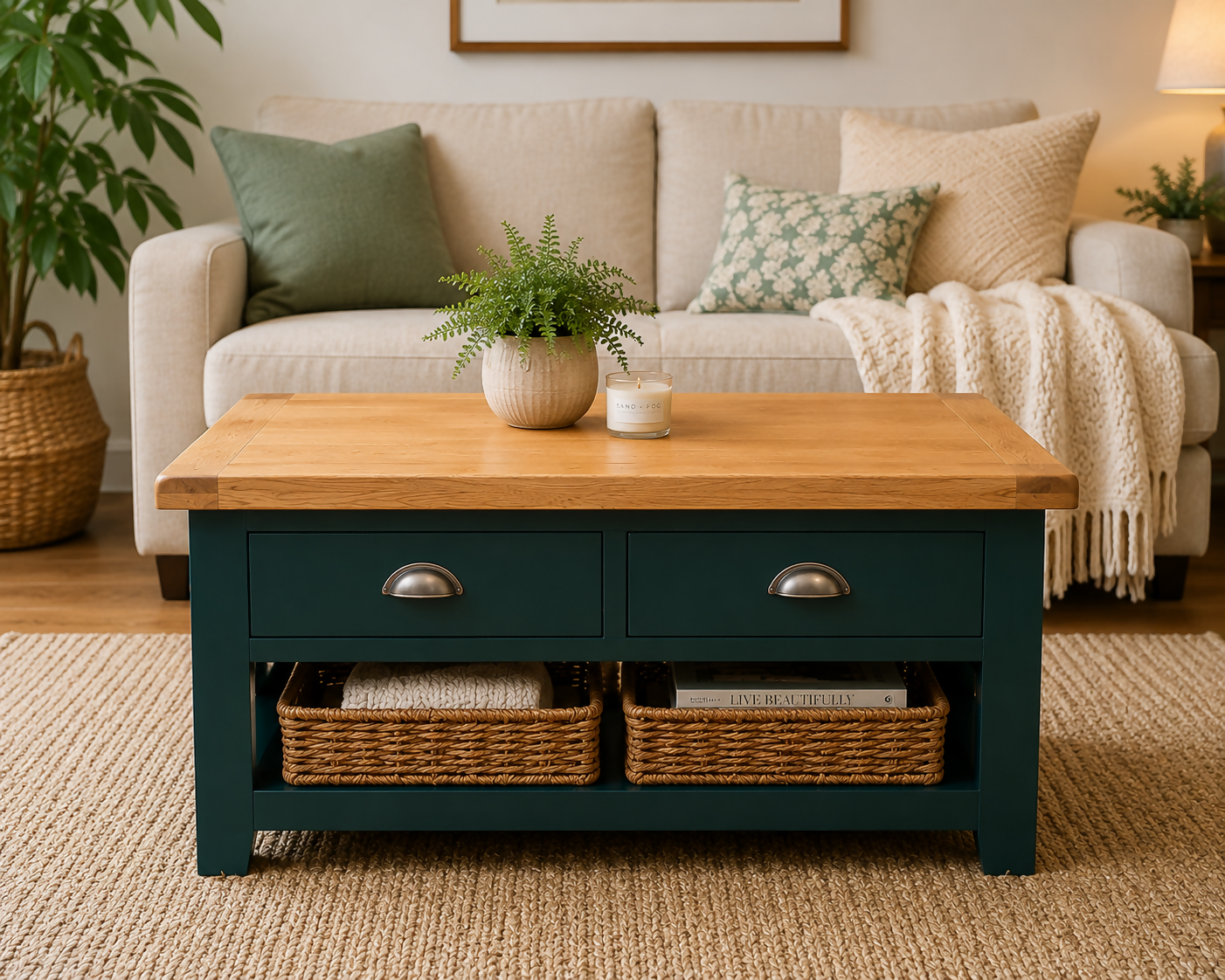 Green Coffee Table | Solid Oak Coffee Table | Hand Painted Farmhouse Coffee Table | Restored Rustic Furniture