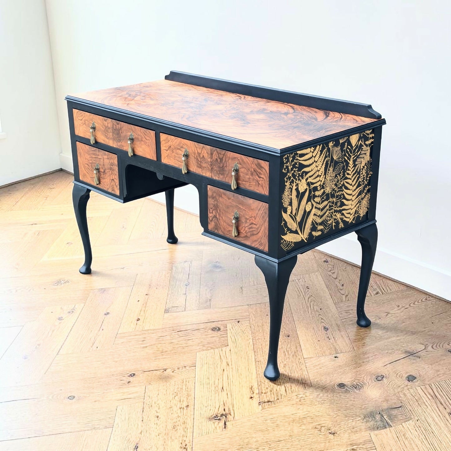 Vintage art deco black gold walnut burr wood desk dressing table