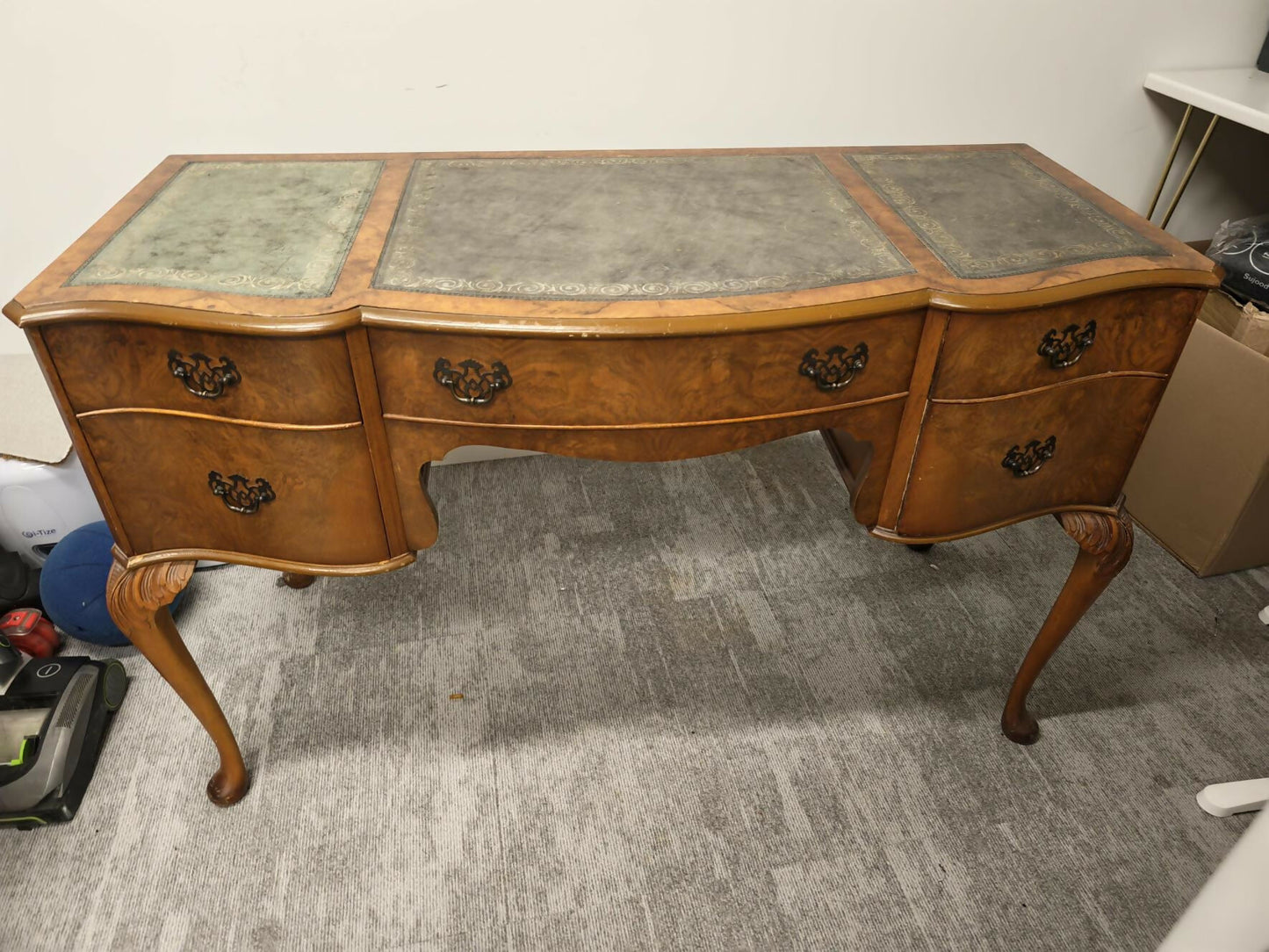Vintage Cameo by Sklan Burr Walnut Writing Desk / Dressing Table with Leather Inlay & Cabriole Legs