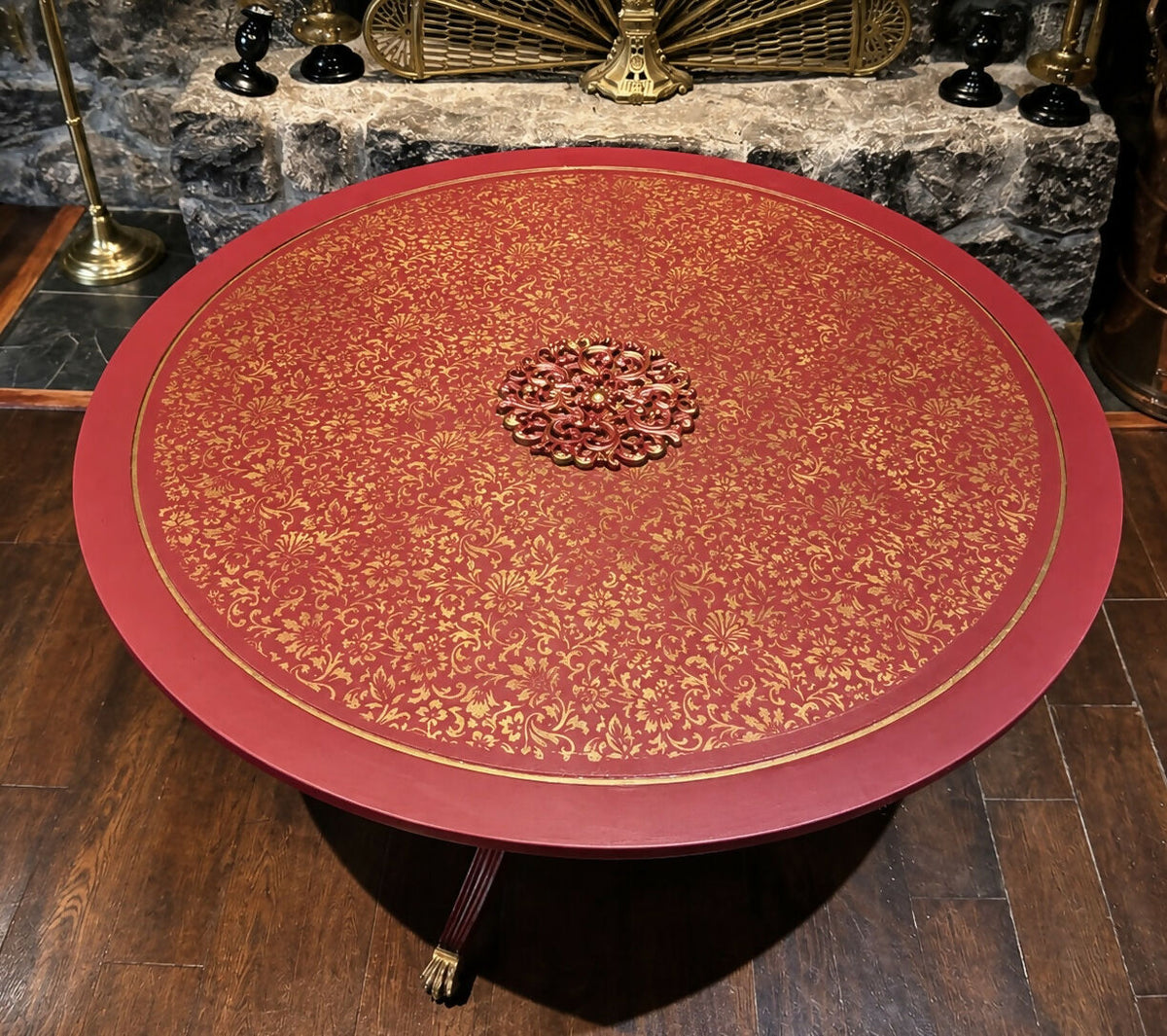 Mughal-Inspired Crimson Red & Gold Round Statement Eastern Coffee Table
