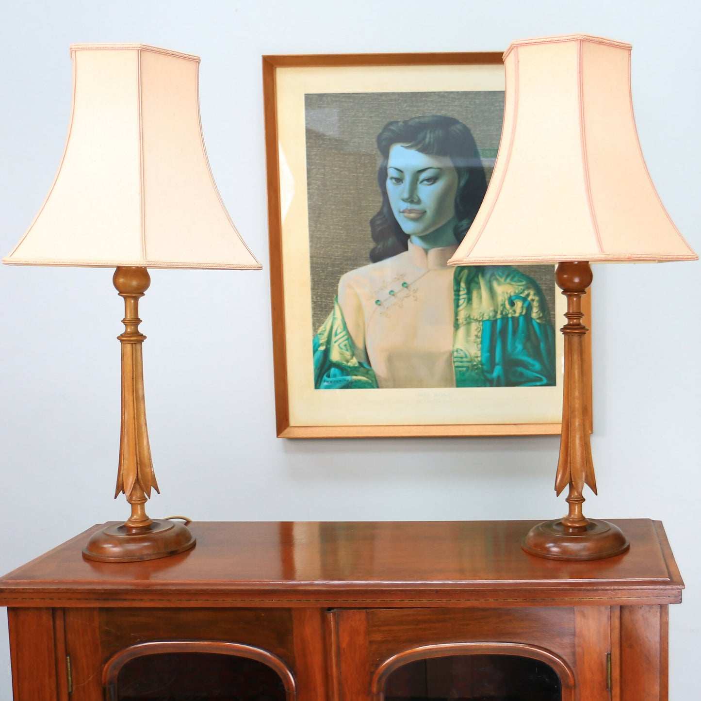 A Pair of Wooden Carved Walnut Table lamps