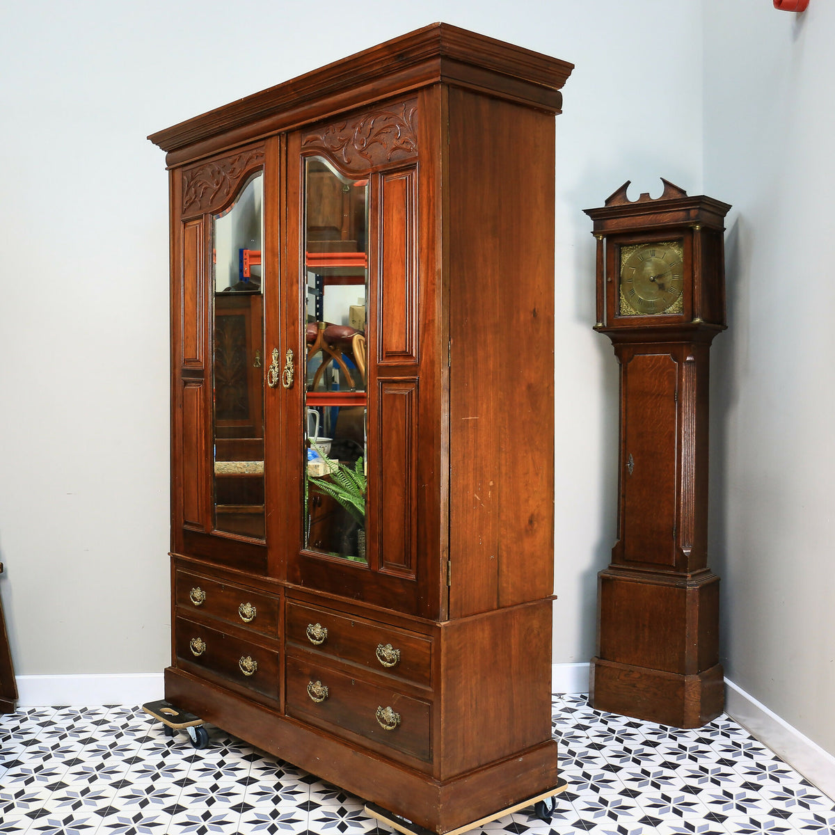 Antique Double Wardrobe Mirrored Doors and Graduated Drawers Late Victorian