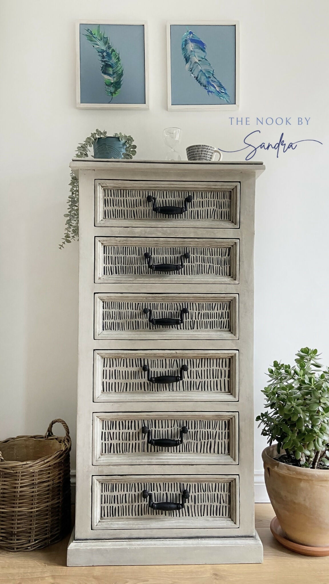 Hand-Painted Tallboy Chest of Drawers in Artisan Dash Pattern, Upcycled Furniture