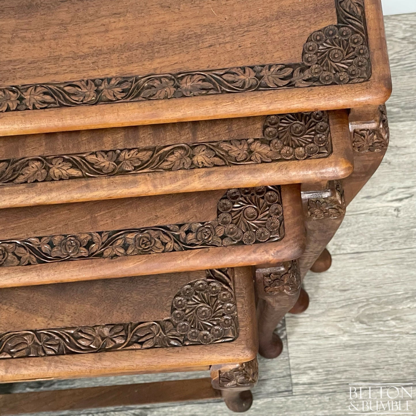 Set of Four Ornate Nesting Tables with Drawer Detail