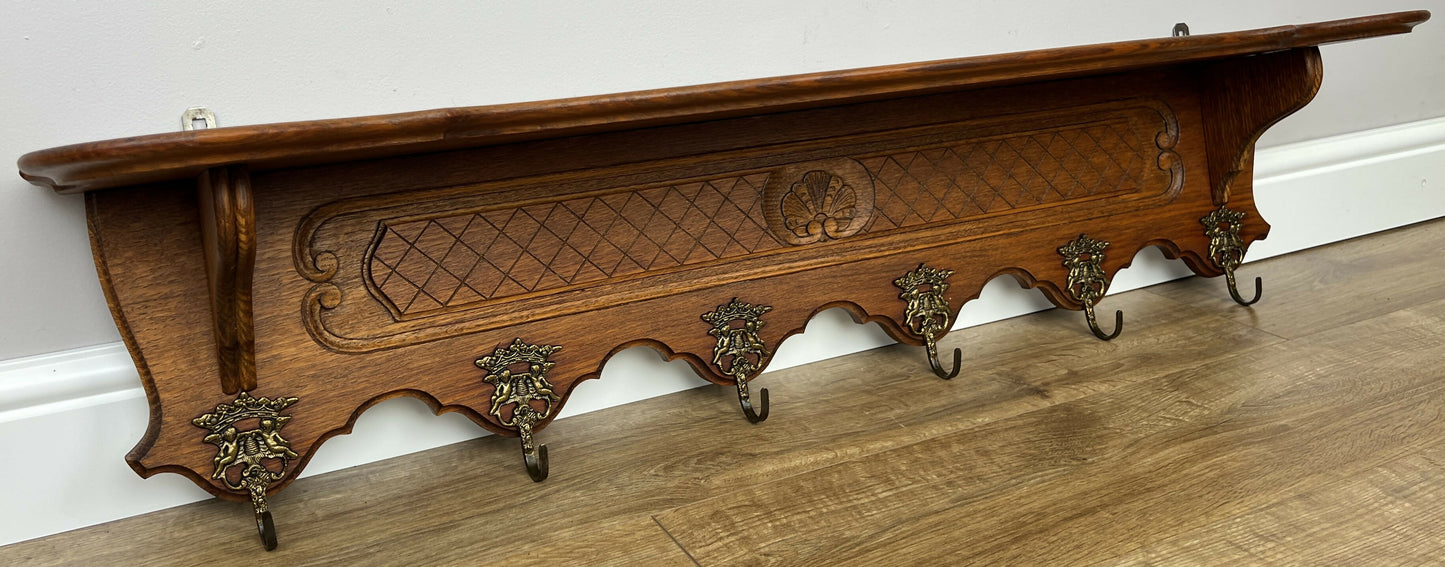 Coat Rack Vintage French Oak Wall Mounted 6 Hooks Carved Rack Hanger LOT 6206