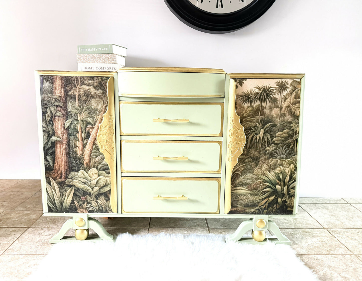 Upcycled French Provincial Cabinet in Sage Green and Tropical Jungle ,Upcycled Statement Furniture