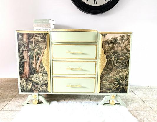 Upcycled French Provincial Cabinet in Sage Green and Tropical Jungle ,Upcycled Statement Furniture
