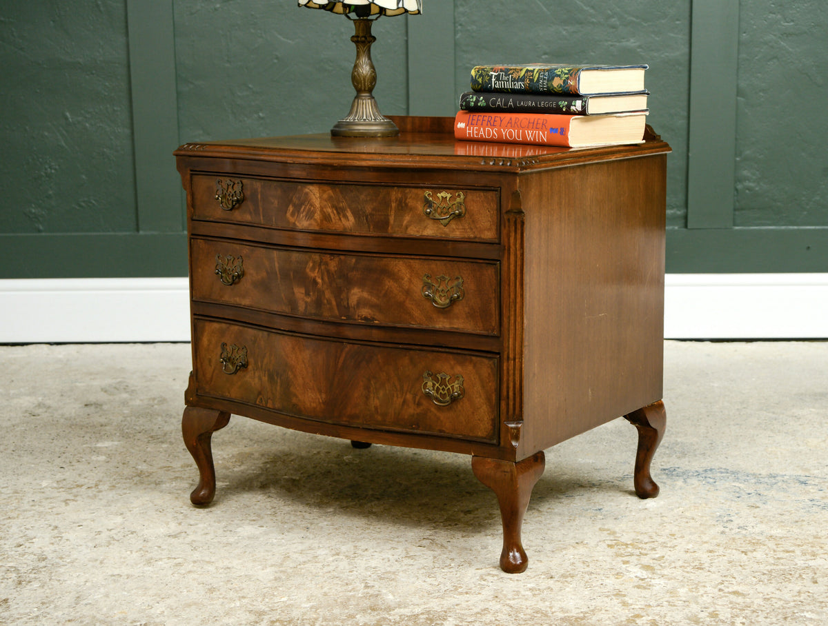 Small Burr Walnut Serpentine Chest of Drawers / Bedside Table - Queen Anne Legs