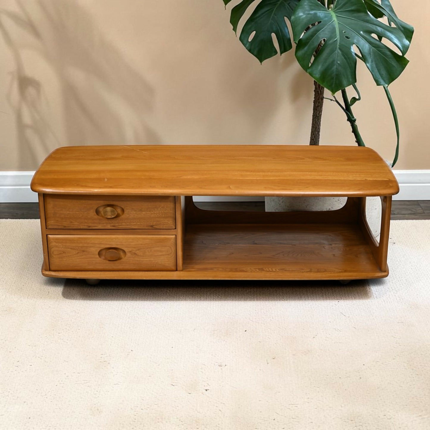 Ercol Minerva Coffee Table On Casters 2 Drawers Light Finish FREE UK Delivery