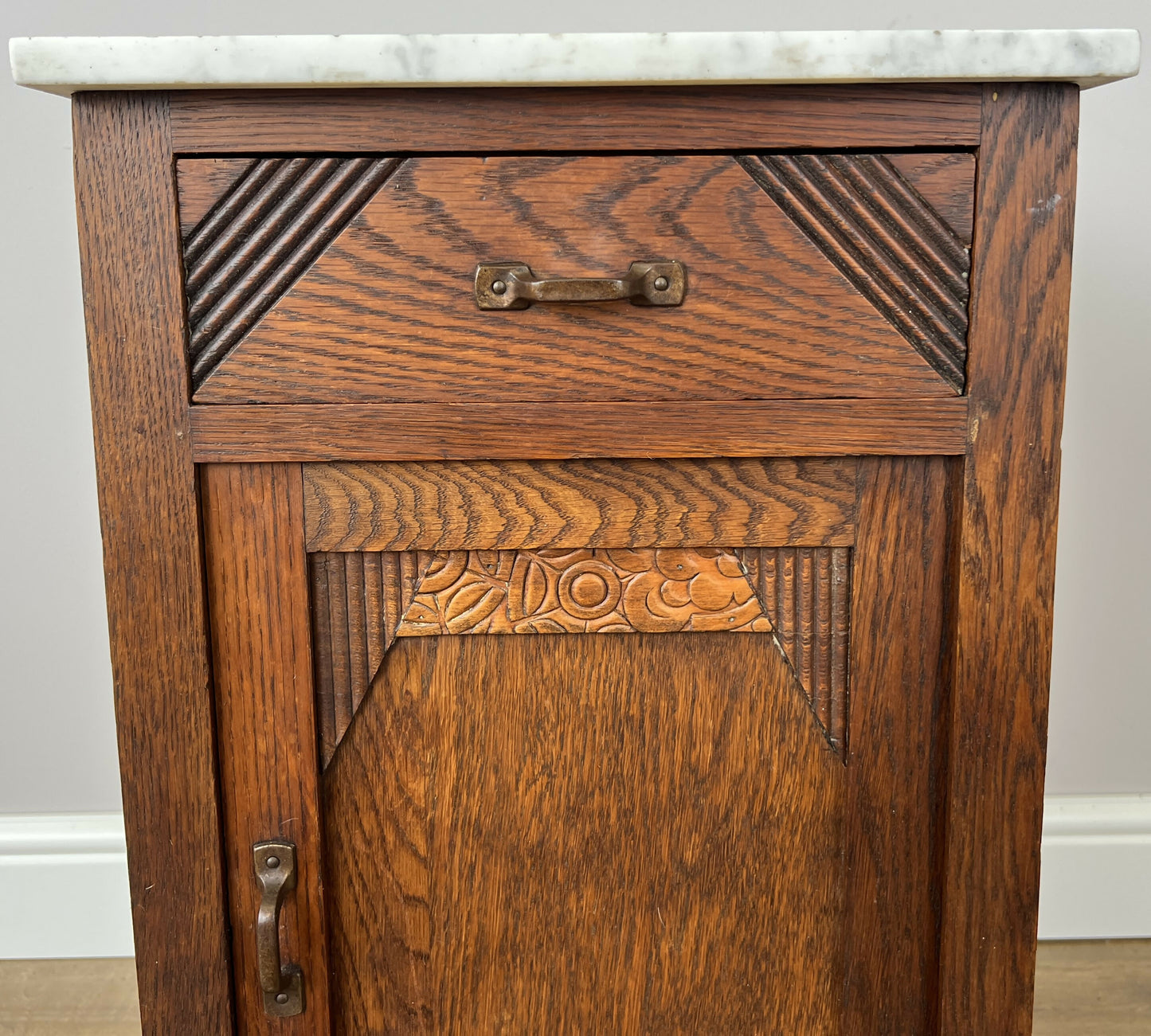 Bedside Table Antique French Marble Top Oak Cabinet Carved Cupboard LOT 6200