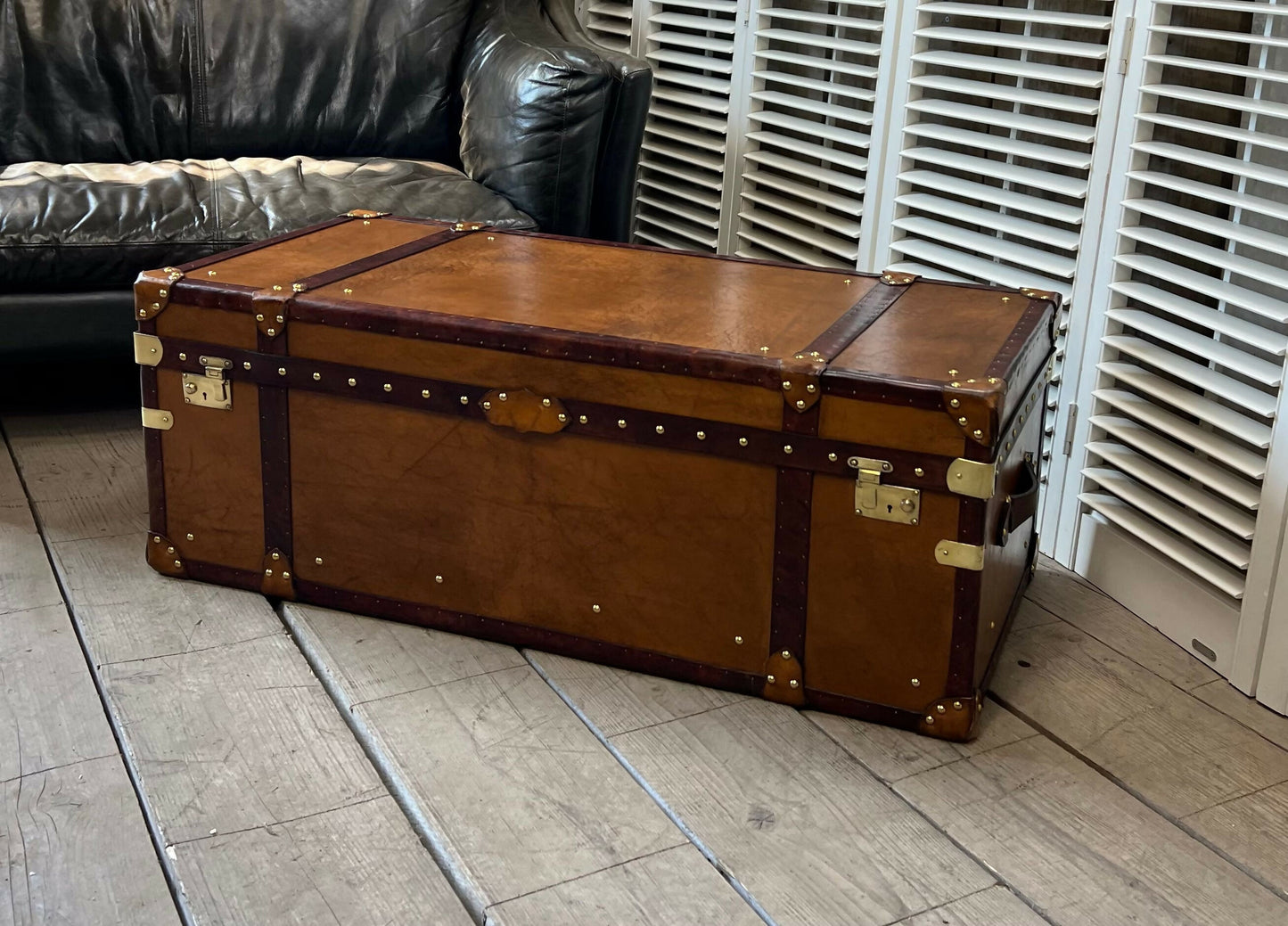 Luxury Handmade Tan Leather Coffee Table Trunk bespoke order for bridle