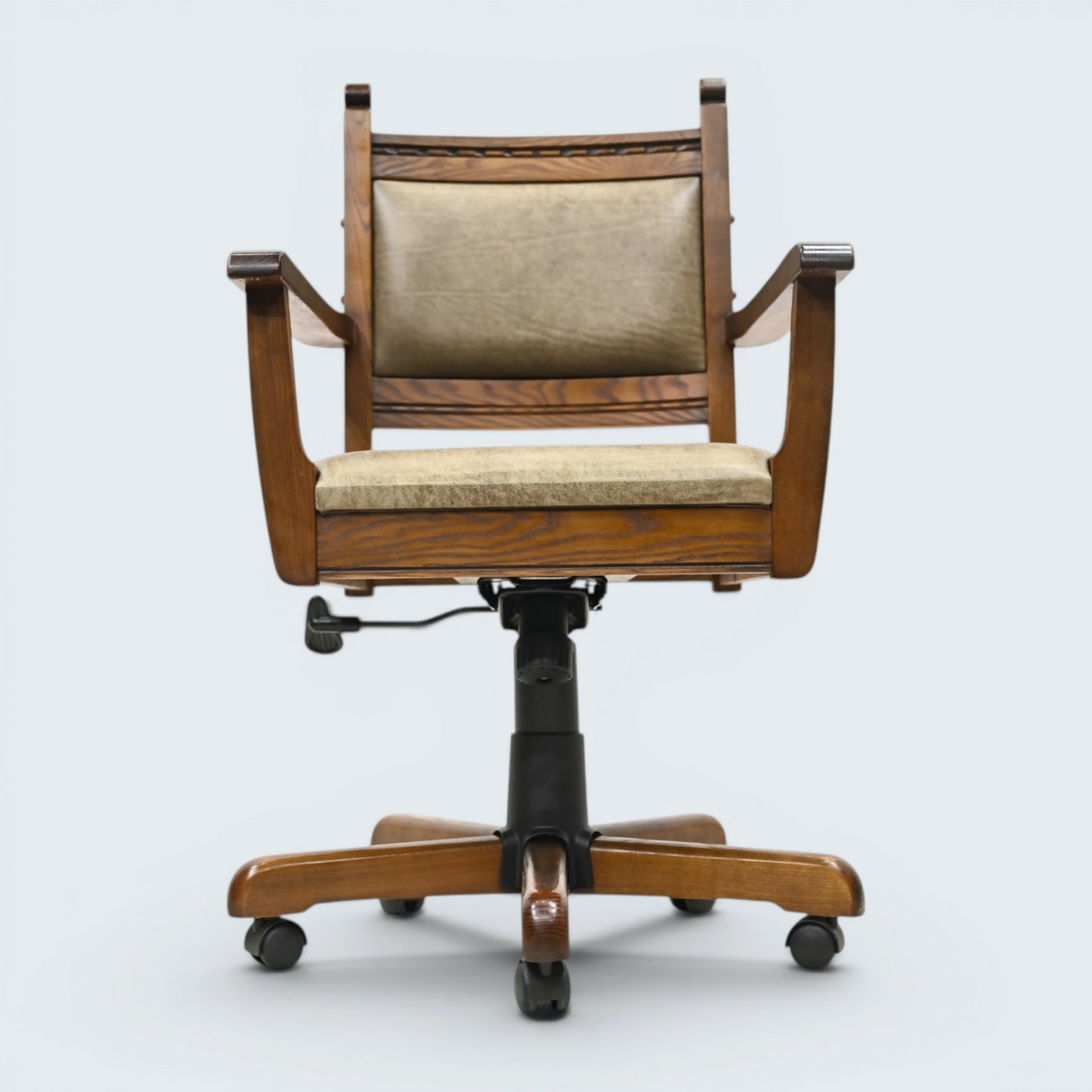 Vintage Wood Bros Old Charm Captains Office Chair Green Hide Leather Tilt Swivel