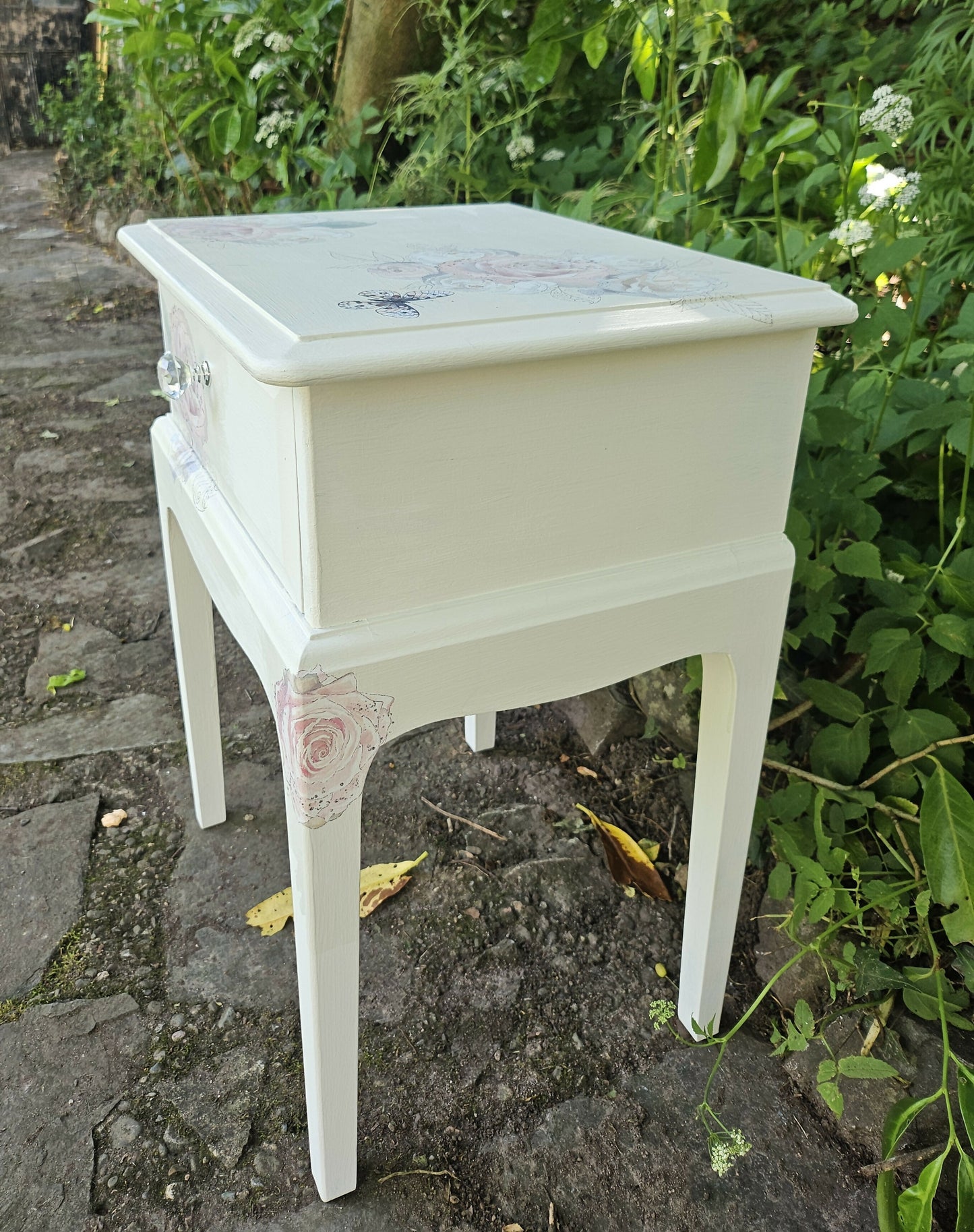 Stag Minstrel 'leggy' beside table with drawer painted in clotted cream