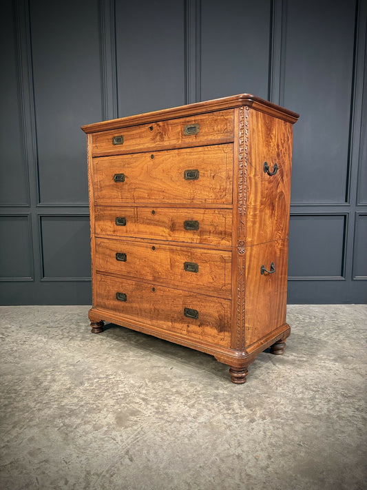 19th Century Camphor Wood Military Campaign Secretaire Chest