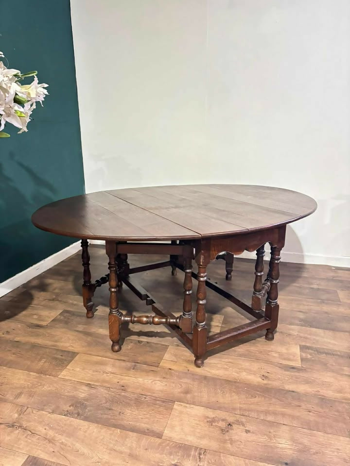 Large Oak Dropleaf Dining Table On Turned Legs