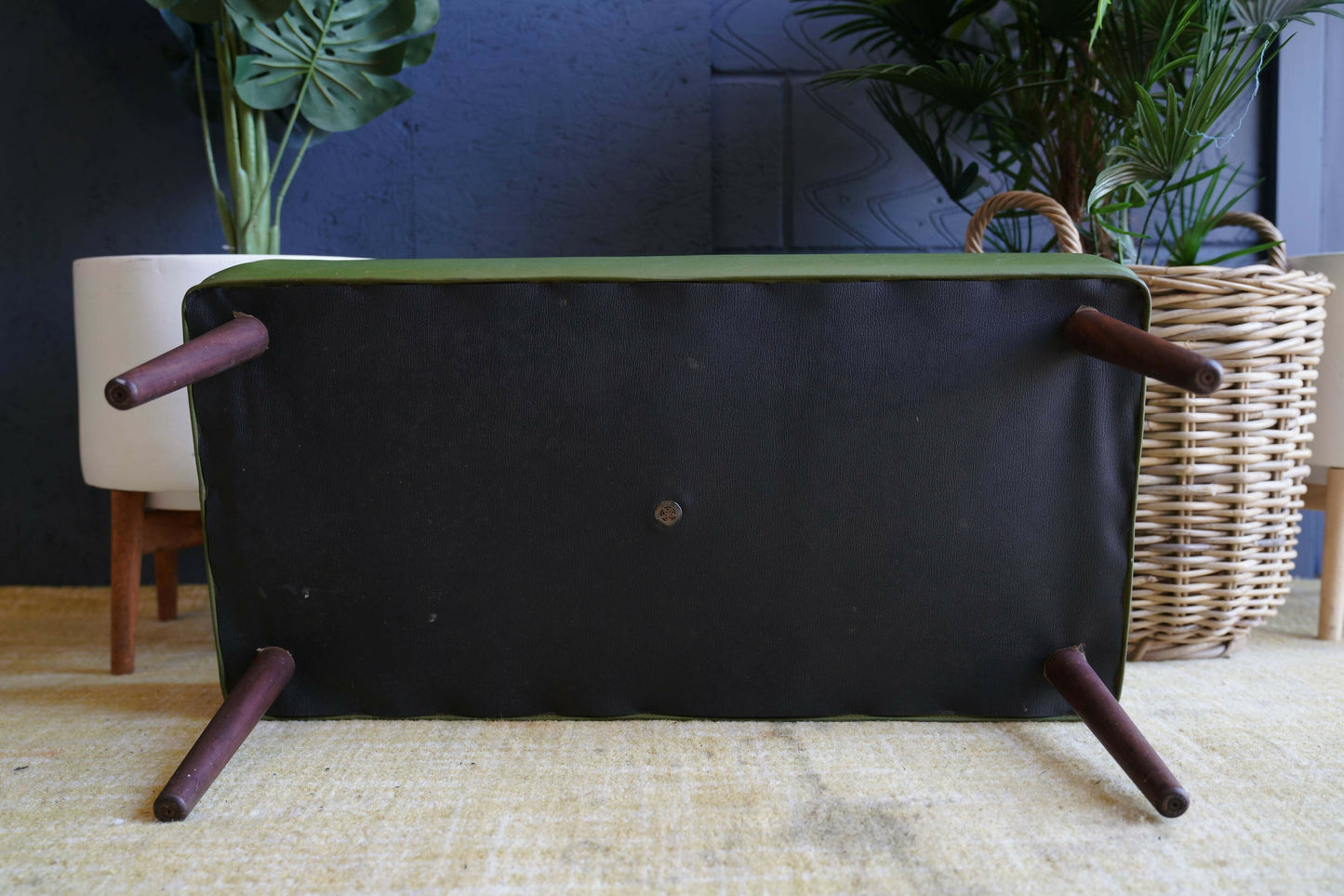 Mid Century Modern Olive Green Vinyl Bench Stool With Tapered Legs