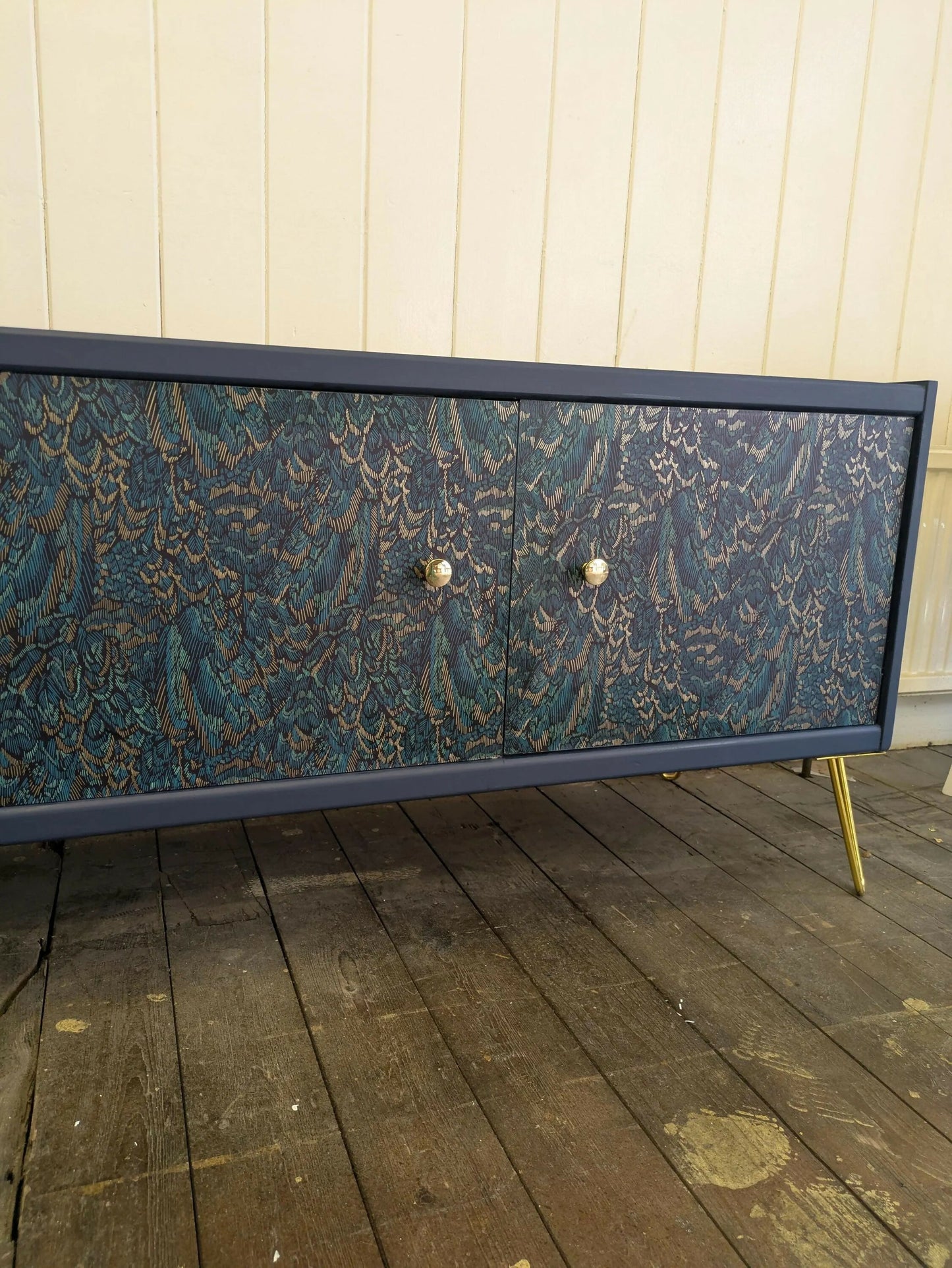 G Plan Midcentury Sideboard TV Unit Cocktail Cabinet. Upcycled Painted Blue,Teal Gold Living Room Furniture