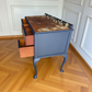 Vintage art deco navy blue and gold dressing table, walnut burr wood desk