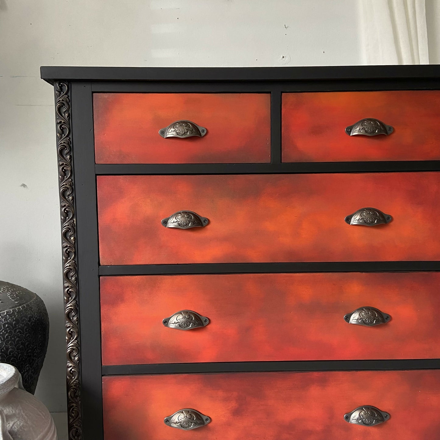 Tall chest of drawers, orange, red black