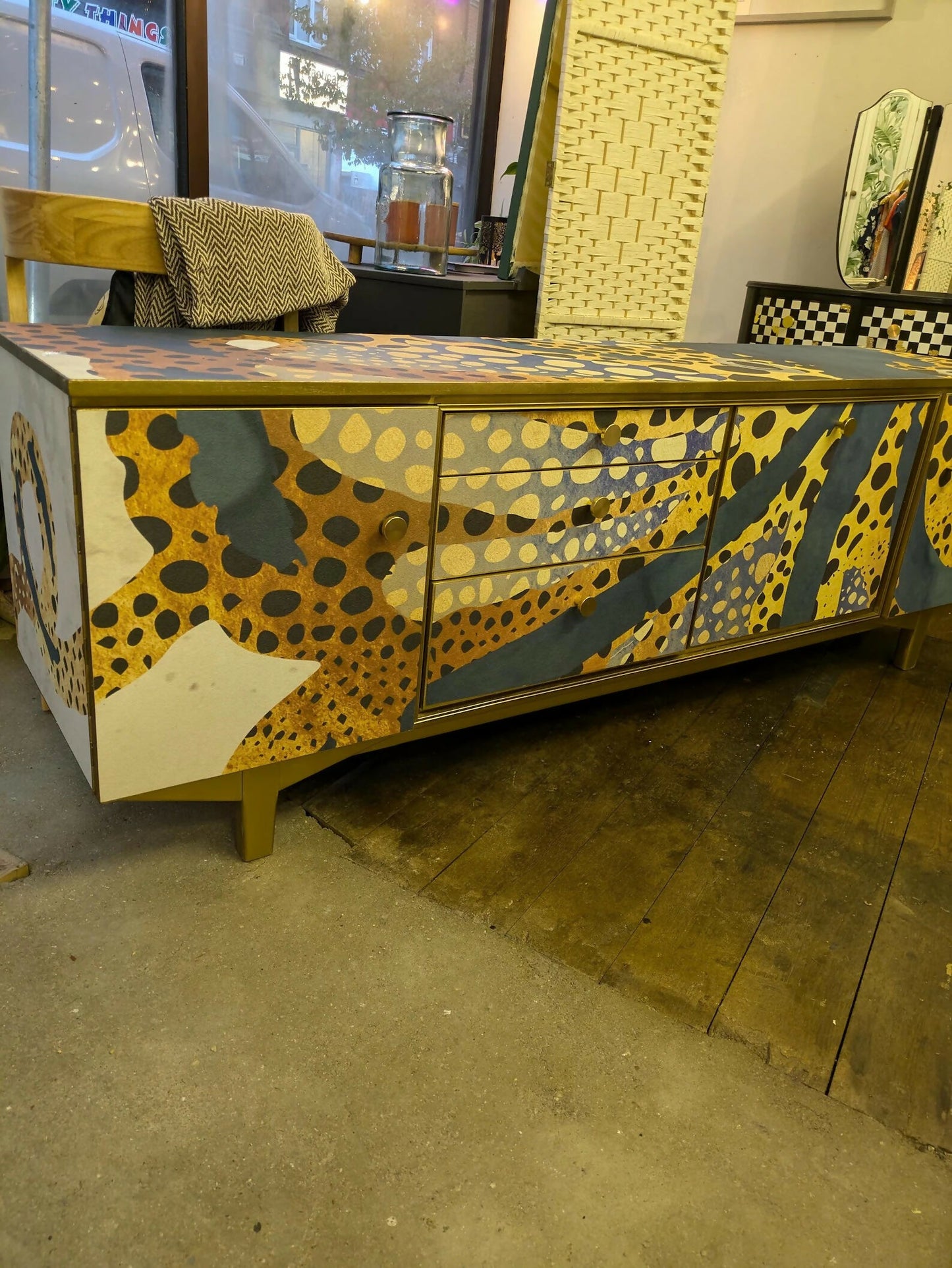 Mid-Century Modern Octopus Print Sideboard: Upcycled TV Unit Cabinet