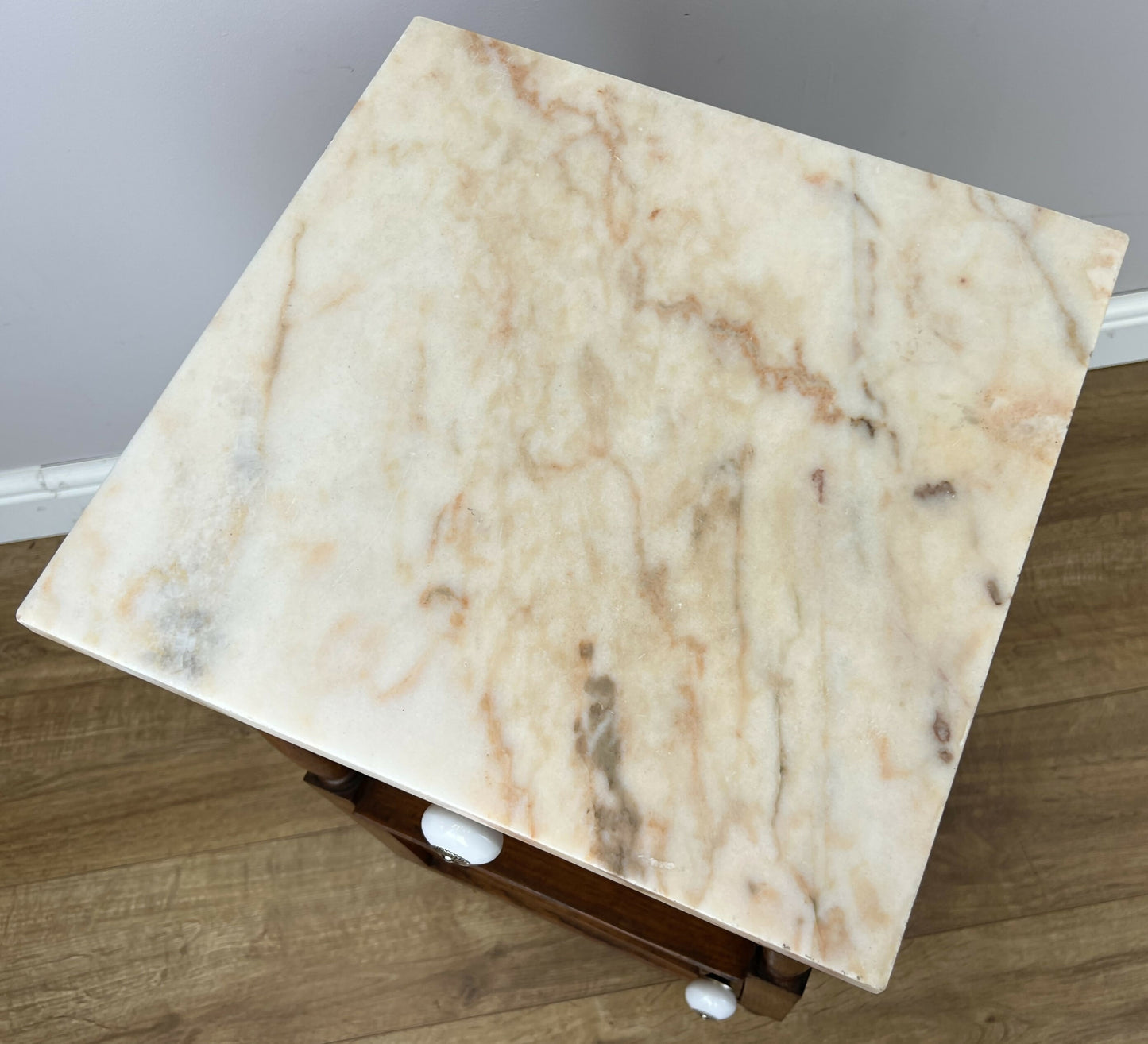 Pair of Bedside Tables Antique French Marble Top Oak Carved Cabinets LOT 6182