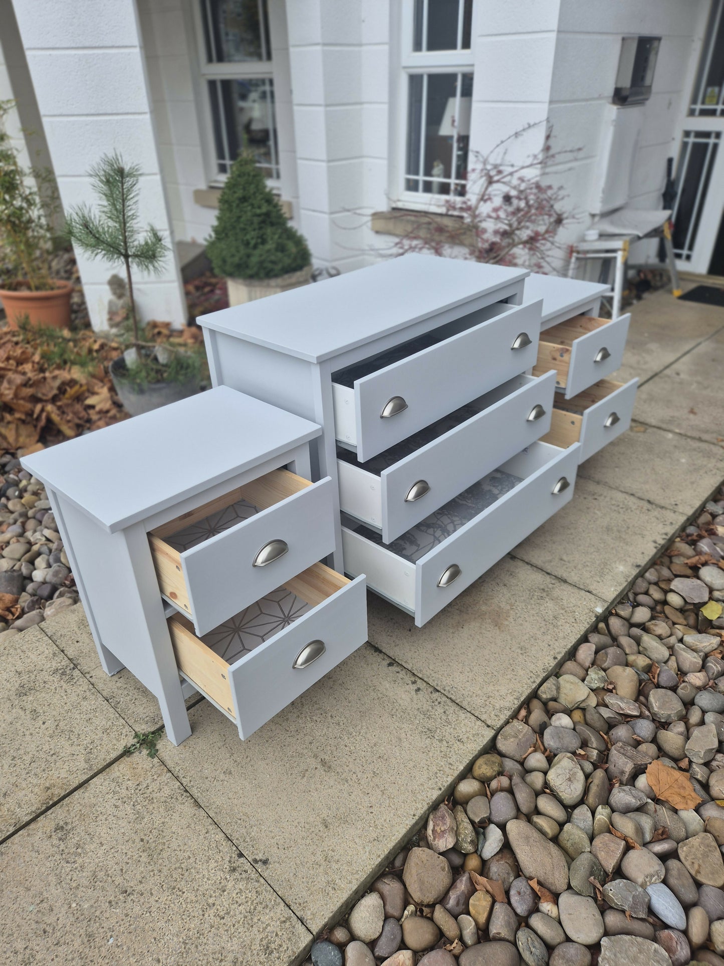 Beautiful bThis stunning large chest of drawers and bedside drawers have been painstakingly transformed using Frenchic paints, waxes and Sheen's. The drawers have been strengthened and lined with gorgeous embossed paper to keep your clothes cosedroom set
