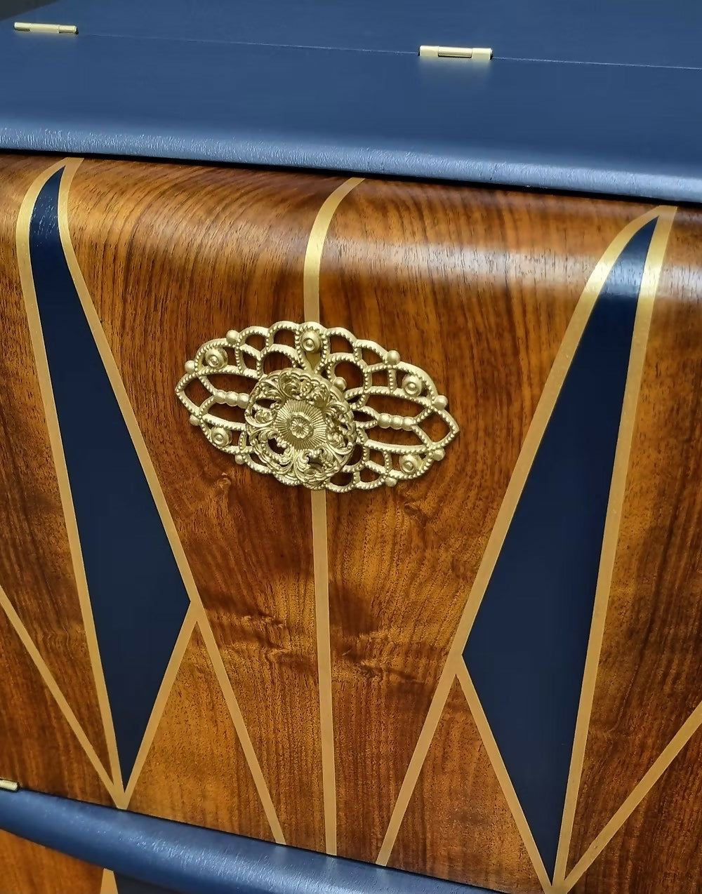 "Stellar", Art Deco Cocktail Cabinet,Burr Walnut, Navy and Gold Art Deco Style,