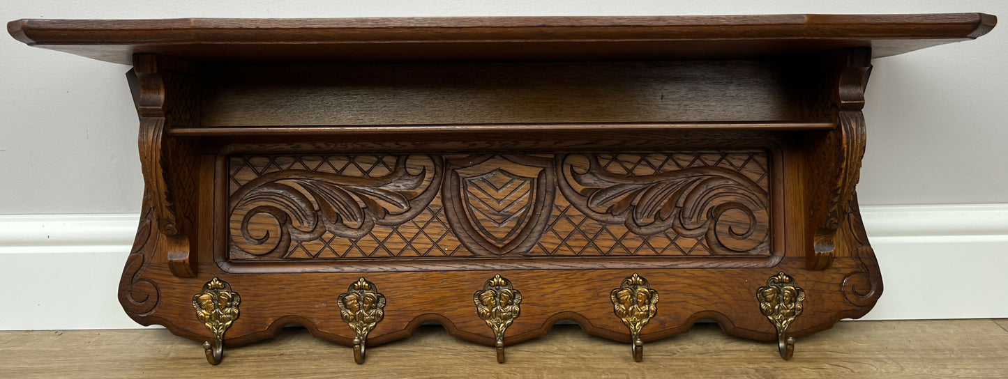 Coat Rack Vintage French Oak Wall Mounted 5 Hooks Carved Rack Hanger LOT 6294