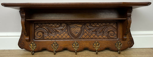Coat Rack Vintage French Oak Wall Mounted 5 Hooks Carved Rack Hanger LOT 6294