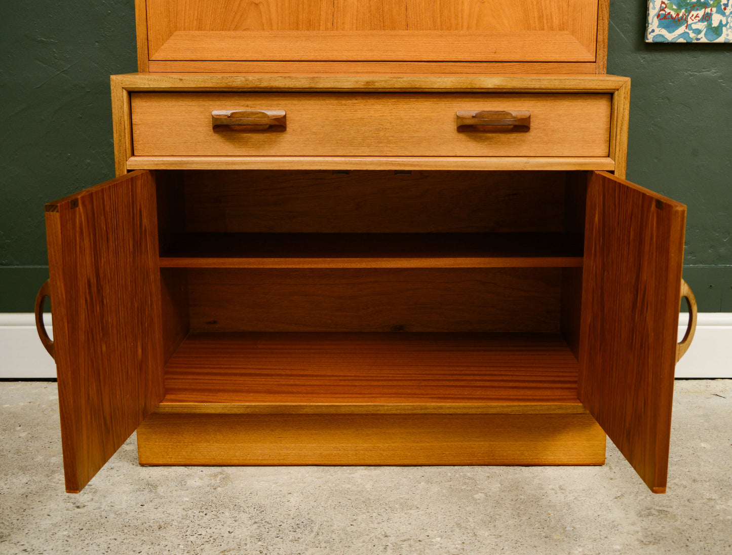 G Plan Sierra Wall Unit with Drinks Cabinet and Green Backboard