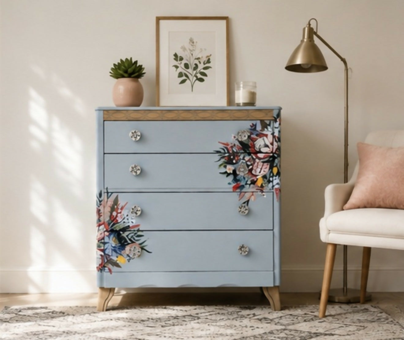 Harris Lebus Vintage Chest Of Drawers Painted Pale Blue with Floral Transfers Botanical