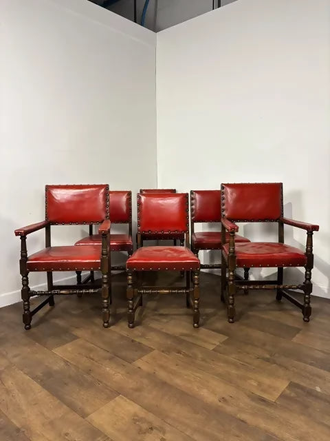 Vintage Set of Six Oak Framed Red Leather Dining Chairs