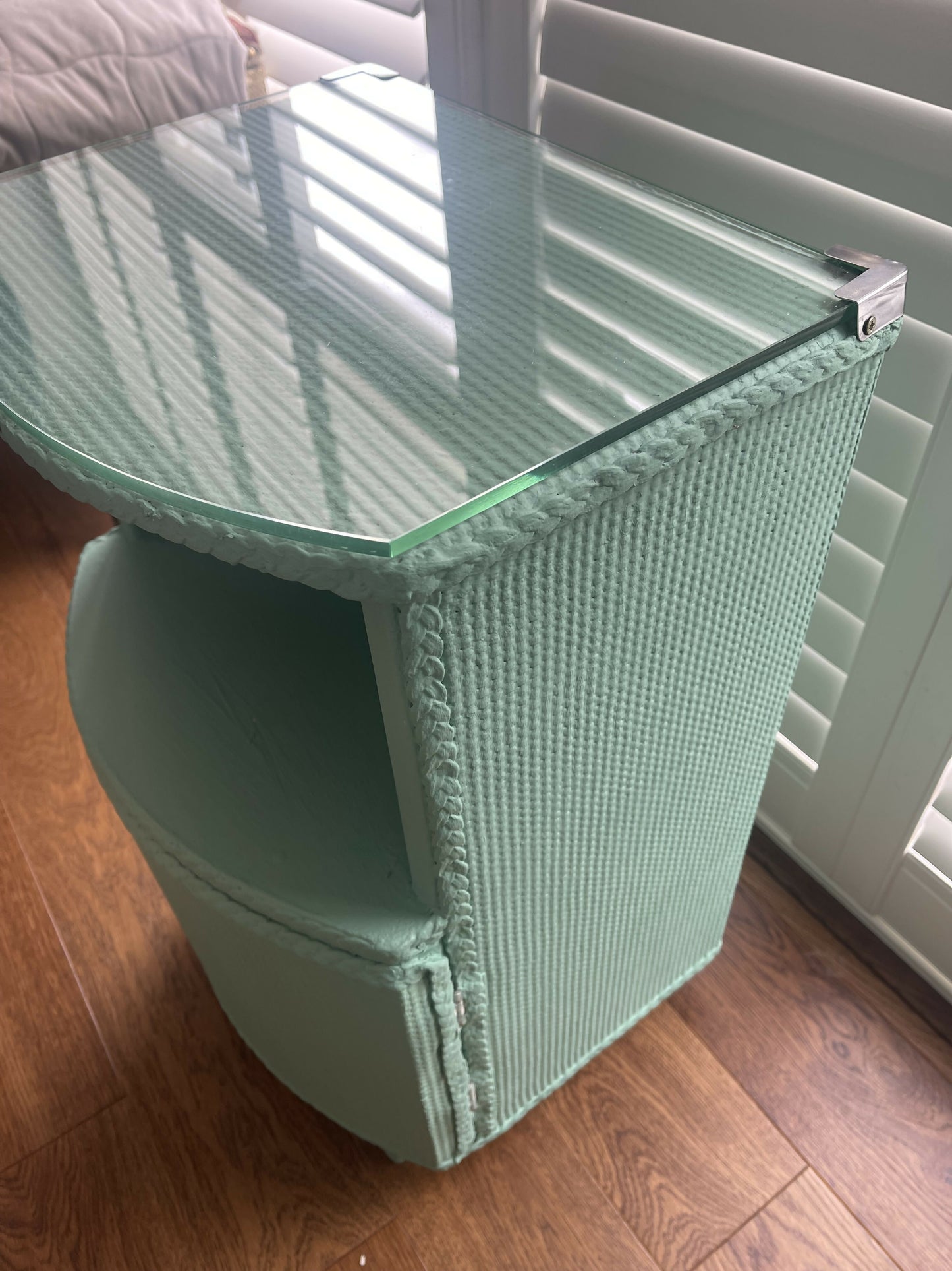 Occasional or bedside table. Green paint. Glass top.
