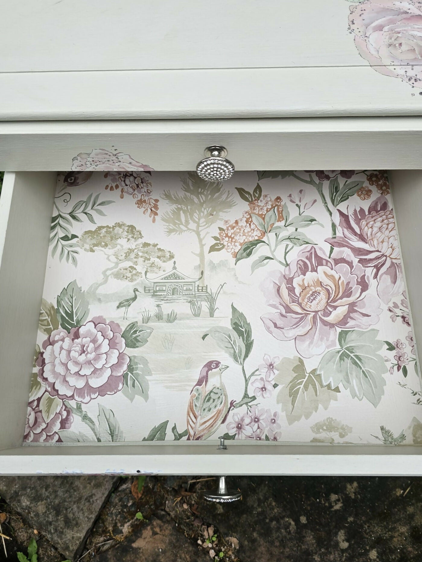 Stag Minstrel beside cabinet with 2 drawers & pullout tray painted in clotted cream
