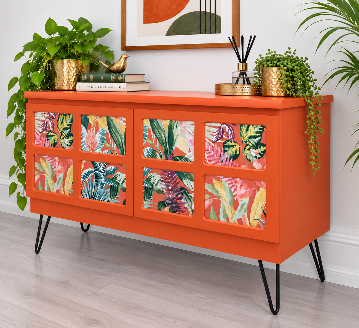 Tropical Coral Sideboard | Mid-Century Modern Cocktail Cabinet | Botanical Statement Furniture